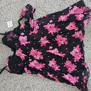 NWT Morgan Taylor Fantasies 2 Piece Sheer Black Floral Nightie Thong Nightgown